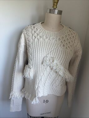McQ by Alexander McQueen Cream Cable Fringe Knit Sweater